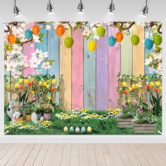 7x5ft Colorful Wood Floor Grass Spring Easter Backdrop for Kids