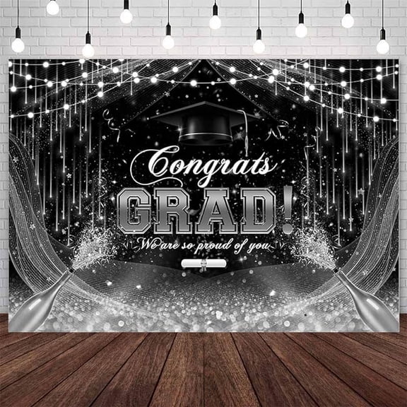 7x5ft Congrats Grad Backdrop Black Silver Glitter Graduation Party Decorations Class of 2025 Congratulate Graduation Prom Party Banner Photo Studio Props