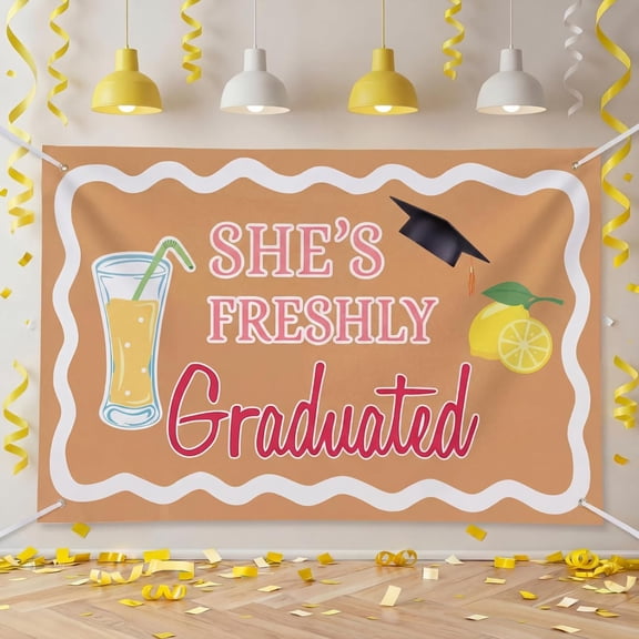 7x5ft Congrats Grad Backdrop Lemonade Bar She's Freshly Graduated Class of 2026 Graduation Background Congratulate Graduate Party Decorations Banner Photo Booth Props