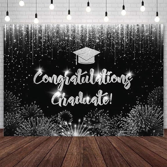 7x5ft Congratulation Graduate Backdrop Congrats Class of 2025 Graduation Photography Background Black Silver Bokeh Gliter Fierworks Congrats Grad Party Decorations Banner Photo Studio Props