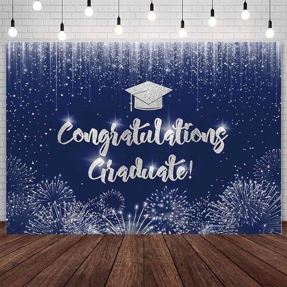7x5ft Congratulation Graduate Backdrop Congrats Class of 2025 Graduation Photography Background Blue Silver Bokeh Gliter Fierworks Congrats Grad Party Decorations Banner Photo Studio Props