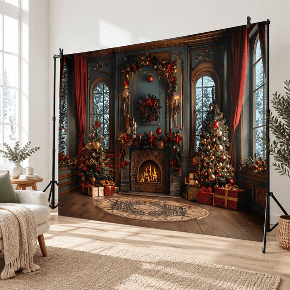 7x5ft Cotton Christmas Photography Backdrop, Black Trees Fireplace Snow Holiday Scene