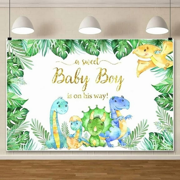 7x5ft Dinosaur Baby Shower Backdrops Baby Boy Dinosaur Eucalyptus Leaves Gender Reveal Photo Booth Props Newborn Baby Birthday Banner Supplies Cake Table Decoration