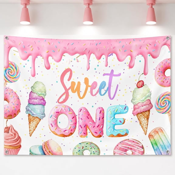 7x5ft Donut 1 Years Old Birthday Backdrop Sweet Ice Cream Donut First Birthday Background Baby Shower Party Decorations Banner Photo Booth Props