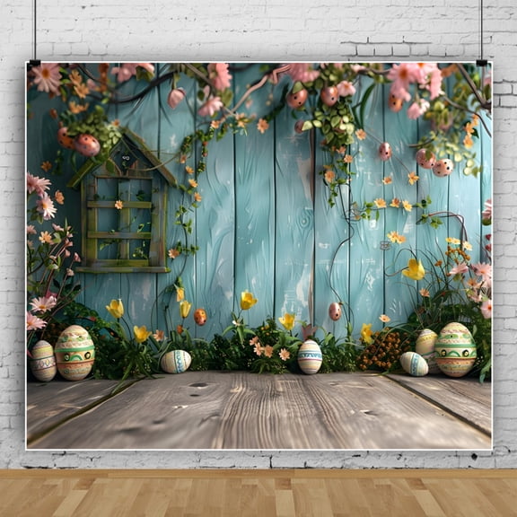 7x5ft Easter Backdrop Spring Easter Backdrop Blue Wood Backdrop Easter Children Party Decorations Banner Backdrop