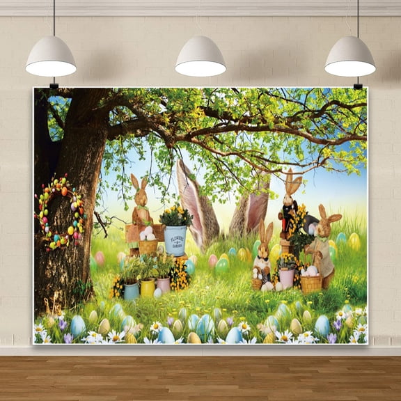 7x5ft Easter Bunny Backdrop, Cute Rabbits Ear Backdrops for Photography,Easter Eggs Banner for Easter Decorations