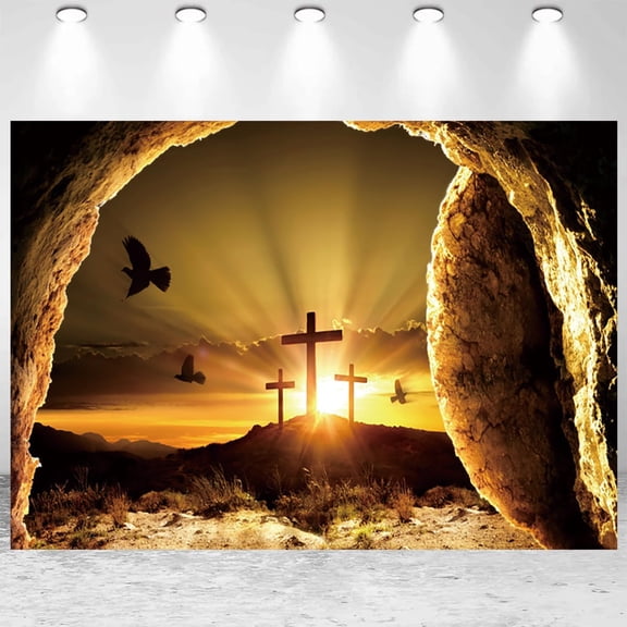 7x5ft Easter Cross Backdrop Jesus Christ Empty Tomb Three Crosses Sunset Lord Pray Photography Background Christian Religious Church Event Banner Decorations Photo Studio Props