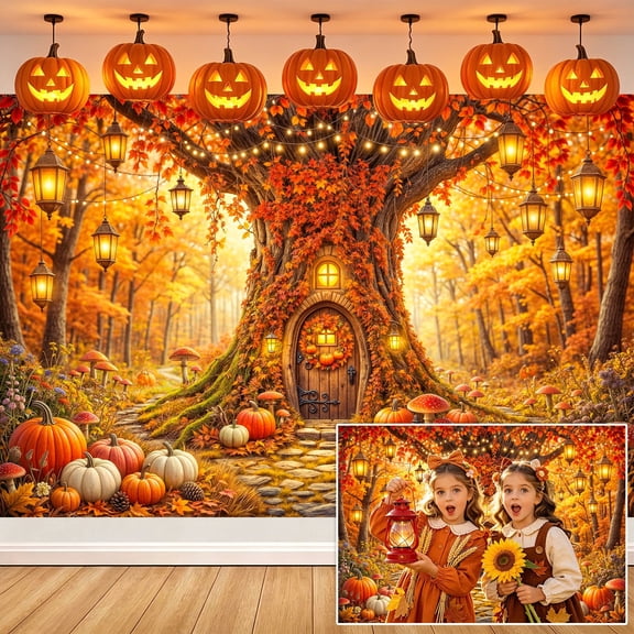 7x5ft Enchanted Fall Tree House Backdrop, Autumn Pumpkin Fairy Forest Photography Background, Rustic Thanksgiving Photo Booth Prop for Studio, Party Decor