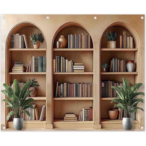 7x5ft Fabric Arched Bookshelf Backdrop School Library Books Modern Office Plants Video Conference Photography Background Indoor Decorations Photo Banner Props