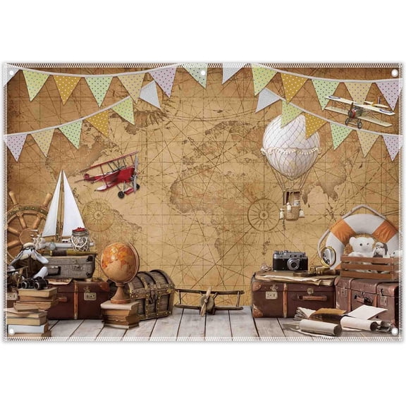 7x5ft Fabric Around World Map Photography Backdrop Adventure Airplane Hot Air Balloon Vintage Background Travel Kids Party Decor Photo Banner