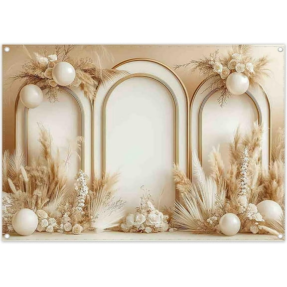 7x5ft Fabric Boho Wedding Pretty Backdrop Pampas Grass Floral Golden Arches Photography Background Bridal Shower Party Decoration Photo Banner Props