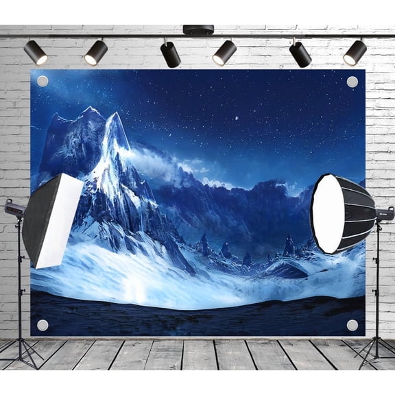 7x5ft Fabric Outdoor Background Painting Style Snow - Capped Mountains Starry Night Sky Scenic Picnic Camping Hiking Home Decor Wedding Photoshoot Birthday Party Photography Backdrop