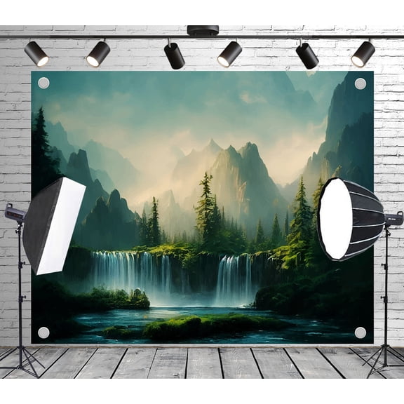 7x5ft Fabric Outdoor Background Painting Style Waterfall Forest Mountain Range Misty Atmosphere Scenery Picnic Camping Hiking Home Decoration Photography Background