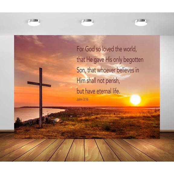 7x5ft Fabric Sunset Jesus Christ Cross Backdrop John 3:16,Crucifixion of Jesus Christ,Sepulcher Lord Pray Background Easter Photography Crucifixion Belief Bible Church Religious Photo Props