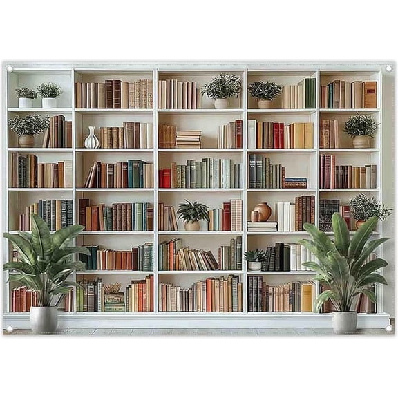 7x5ft Fabric White Bookcase Backdrop School Library Books Modern Office Plants Video Conference Photography Background Indoor Decorations Photo Banner Props