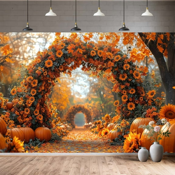 7x5ft Fall Photography Backdrop Autumn Forest Scenery Maple Leaves Pumpkins Sunflowers Arched Flower Door Photography Background Fall Farm Harvest Thanksgiving Day Party Photo Studio Props