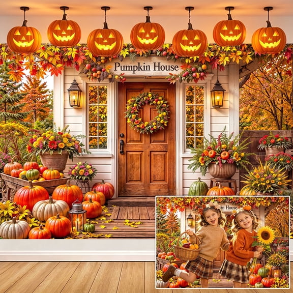 7x5ft Fall Pumpkin House Backdrop, Autumn Harvest Thanksgiving Photo Backdrop, Rustic Farmhouse Fall Photography Background for Party Decor, Photoshoot, Studio