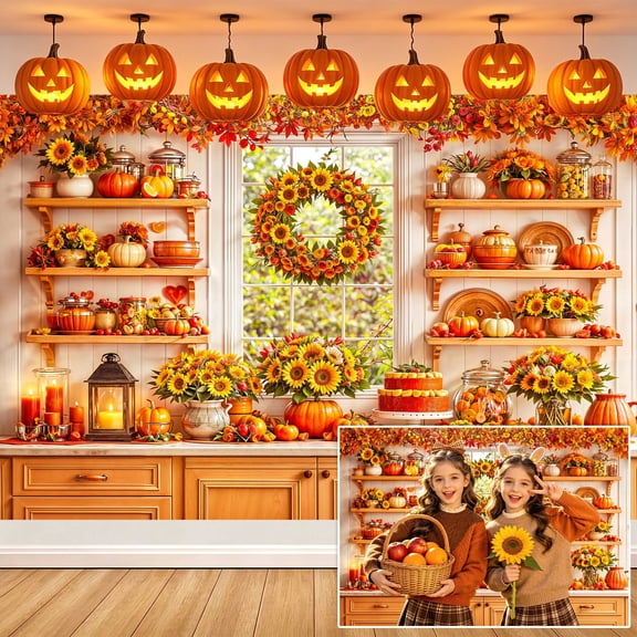 7x5ft Fall Sunflower Pumpkin Kitchen Backdrop, Autumn Harvest Thanksgiving Photography Background, Rustic Farmhouse Fall Photo Backdrop for Party Decor, Photoshoot, Studio