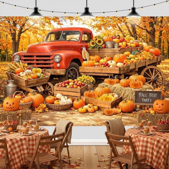 7x5ft Fall Thanksgiving Backdrop, Autumn Forest Vintage Truck Harvest Pumpkin Sunflowers Hay Bales Field Seasonal Photography Background Banner Decorations Farm Theme Portrait Photo Booth Prop