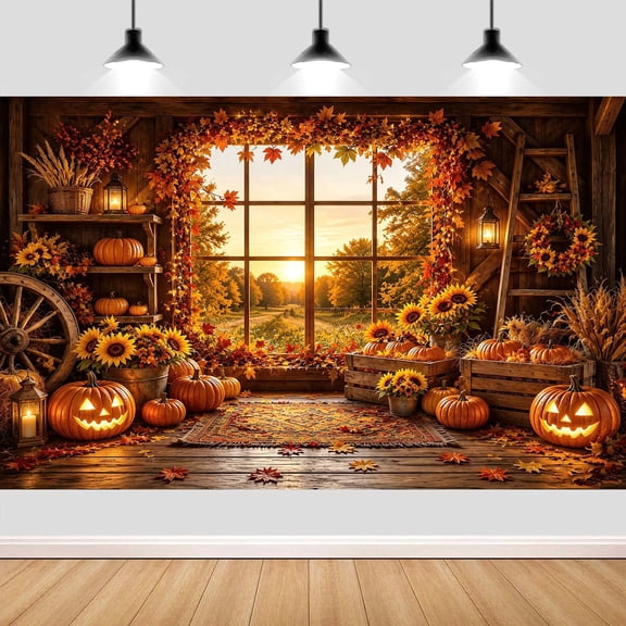 7x5ft Fall Thanksgiving Backdrop, Rustic Autumn Barn Window Pumpkin Sunflower Photography Background, Farmhouse Harvest Thanksgiving Photo Backdrop Booth Banner for Party Decorations