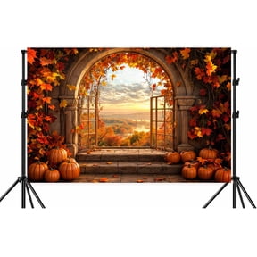 7x5ft Fall Window Photography Backdrop Autumn Forest Rustic Orange Pumpkin Harvest Hay Sunset Natural Scenery Maple Leaves River Harvest Banner Decoration Studio Props Party Backdrop