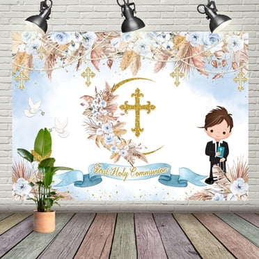 MEHOFOND 7x5ft First Holy Communion Backdrop - Pink Watercolor Floral Photography Background