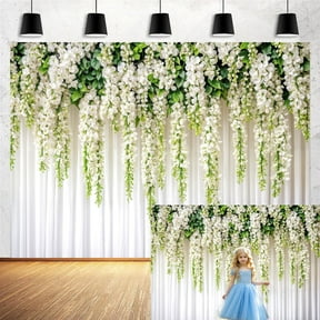 7x5ft Flower Photo Backdrop - White Botanical Floral Design for Wedding/Birthday Party, Vinyl Photography Background with Cake Table Decoration