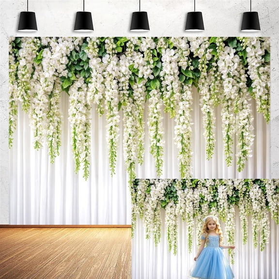 7x5ft Flower Photo Backdrop - White Botanical Floral Design for Wedding/Birthday Party, Vinyl Photography Background with Cake Table Decoration