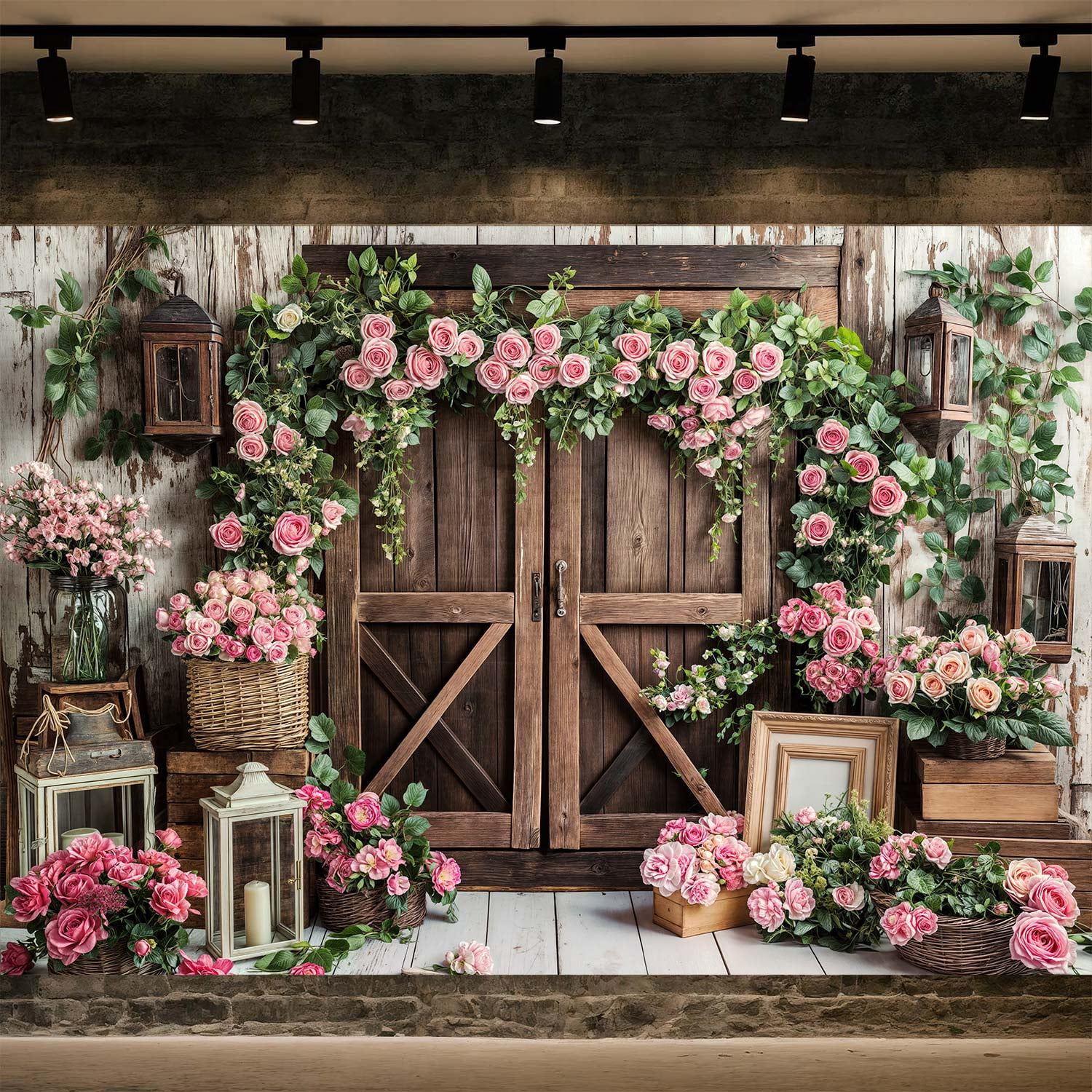 7x5ft Flowers Wood Door Wedding Backdrop with Pink Roses Green Leaves ...