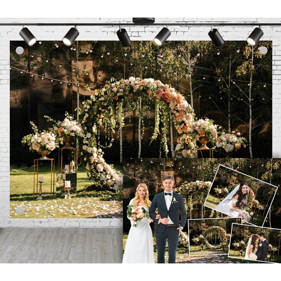 7x5ft Forest Romantic Wedding Backdrop Flower Arch String Lights Garden Wedding Background Wedding Photoshoot Wedding Arrangement Photography Props