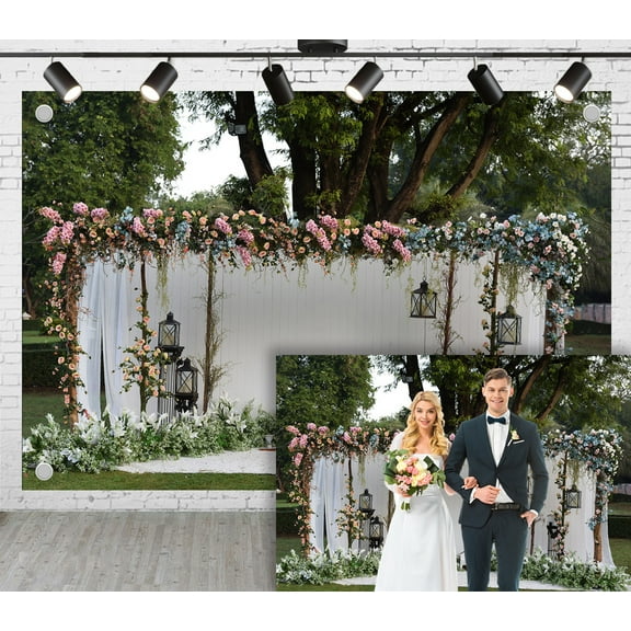 7x5ft Forest Wedding Photoshoot Backdrop White Wall Flowers and Vintage Lanterns Interweaving Bride and Groom Ceremony Party Engagement Proposal Background Photography Studio Props
