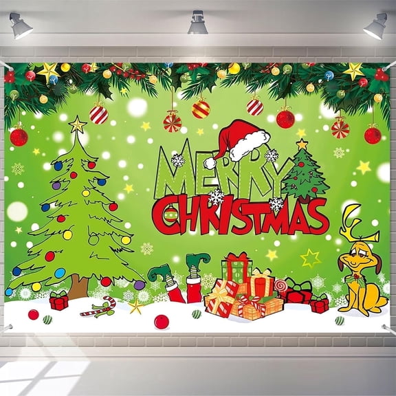 7x5ft Funny Green Christmas Backdrop Cartoon Puppy Red Green Holiday Banner for Kids Xmas Party Decorations