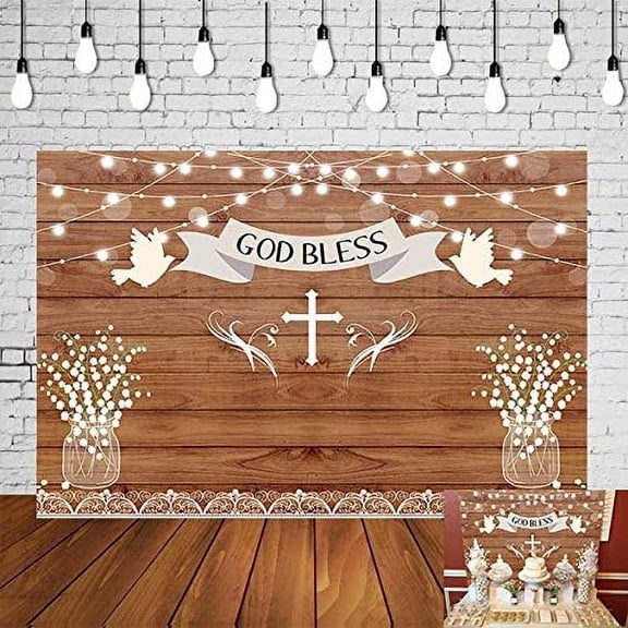 7x5ft God Bless Baptism Backdrop First Holy Communion Christening Background Religious Bible Church Events Baby Shower Wedding Party Decoration Banner Photo Booth Props