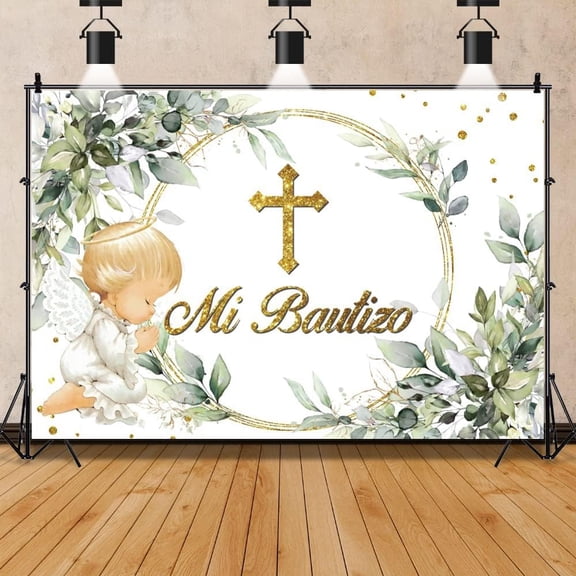 7x5ft God Bless Baptism Backdrop Green Leaves First Holy Communion Christening Background Religious Bible Church Events Baby Shower Wedding Party Decoration Banner Photo Booth Props