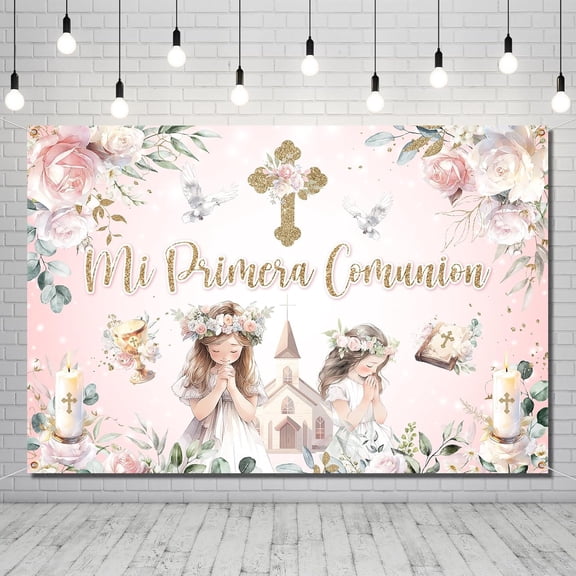 7x5ft God Bless Baptism Backdrop Pink Floral Mi Bautizo First Holy Communion Christening Background Religious Bible Church Events Baby Shower Party Decoration Banner Photo Booth Props