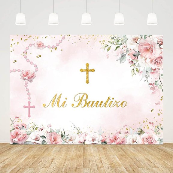 7x5ft God Bless Baptism Backdrop Pink Floral Mi Bautizo First Holy Communion Christening Background Religious Bible Church Events Baby Shower Party Decoration Banner Photo Booth Props