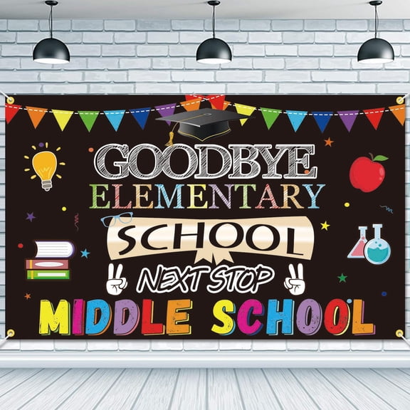 7x5ft Goodbye Elementary School Next Stop Middle School Backdrop Primary School Graduation Background Congratulate Graduate Party Decorations Banner Photo Booth Props