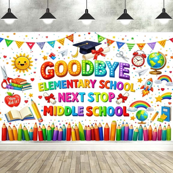 7x5ft Goodbye Elementary School Next Stop Middle School Photo Backdrop Banner Decoration, 5TH Grade Graduation Decorations 2026, Last Day 5th Grade Grad Banner Decor Photo Props