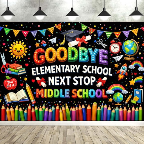 7x5ft Goodbye Elementary School Next Stop Middle School Photo Backdrop Banner Decoration, 5TH Grade Graduation Decorations 2026, Last Day 5th Grade Grad Banner Decor Photo Props