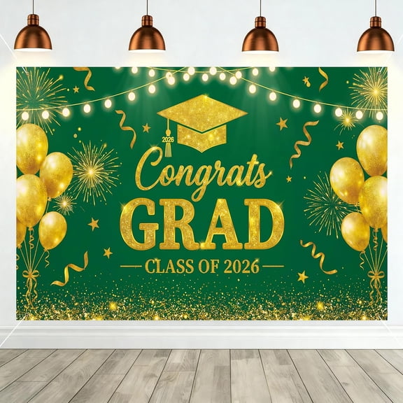 7x5ft Green and Gold Congrats Grad Backdrop Trencher cap Class of 2026 Graduation Background Congratulate Graduate Party Decorations Banner Photo Booth Props