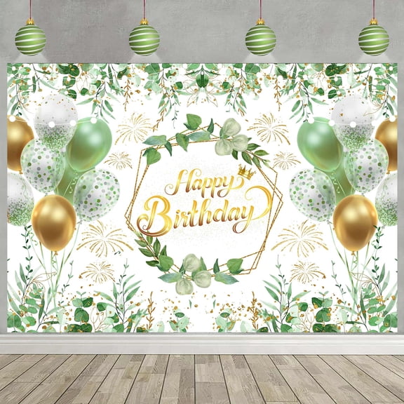 7x5ft Sage Green Birthday Backdrop for Women - Greenery Eucalyptus Leaves Balloon Banner Background, Adult 21st 30th Photo Booth Decor, Party Supplies Photography Props