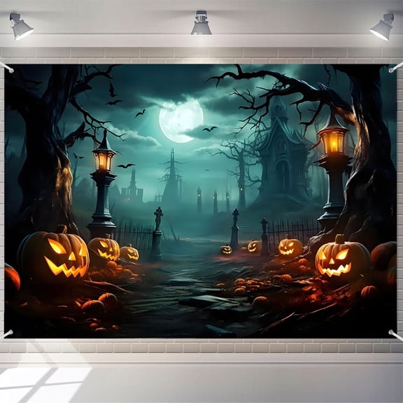 7x5ft Halloween Backdrop Horror Moon Night Cemetery Scene Pumpkin Lanterns for Kids Party Photography