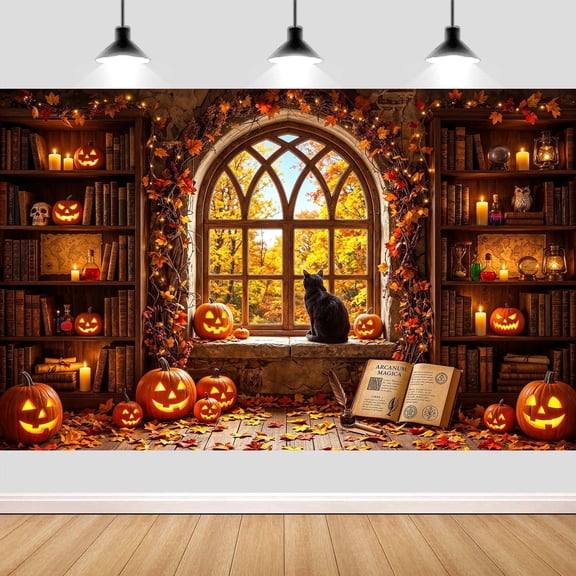 7x5ft Halloween Backdrop, Vintage Library Black Cat Pumpkin Photography Background, Spooky Witchy Gothic Fall Window Scene Backdrop Banner for Halloween Party Decorations Photo Booth Studio Props