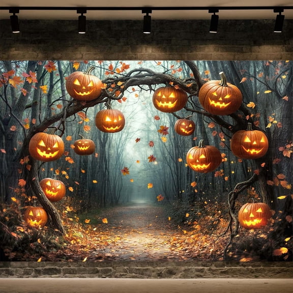 7x5ft Halloween Pumpkin Backdrop, Spooky Forest Lantern Photography Background, Fall Halloween Party Backdrop for Kids Adults, Halloween Photo Booth Props for Birthday Party Decoration