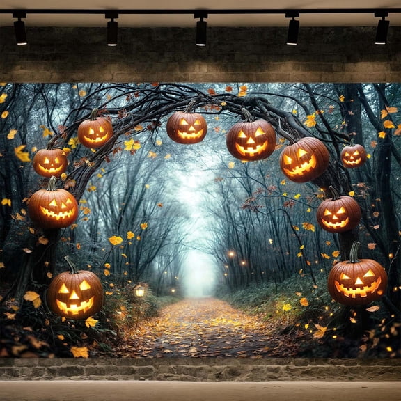 7x5ft Halloween Pumpkin Backdrop, Spooky Misty Forest Photography Background, Fall Halloween Party Backdrop for Kids Adults, Halloween Photo Booth Props for Birthday Party Decoration