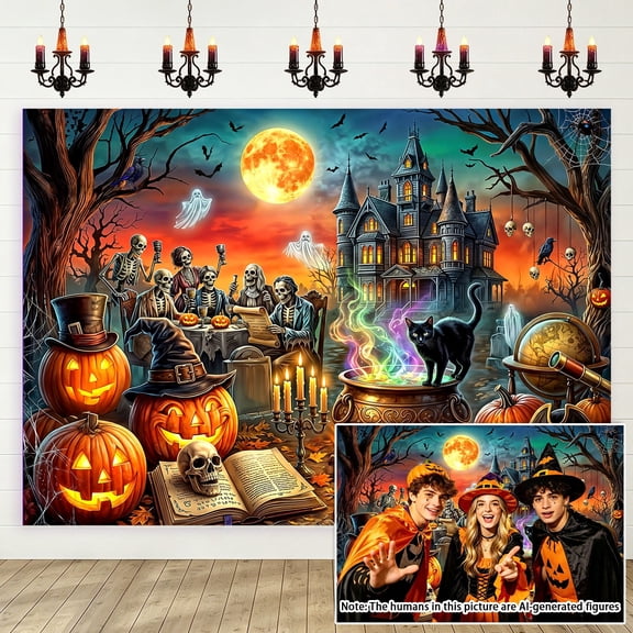7x5ft Halloween Skeleton Party Backdrop, Spooky Haunted House Photography Background, Witch Cauldron Black Cat Photo Booth Prop for Adult Party, Studio