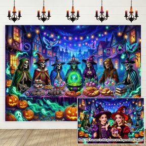 7x5ft Halloween Skeleton Witch Feast Backdrop, Spooky Magic Town Photography Background, Jack-O-Lantern Cauldron Photo Booth Prop for Adult Party, Studio