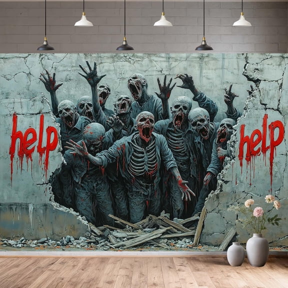 7x5ft Halloween Zombie Backdrop, Creepy Broken Wall with Bloody Help Text, Horror Party Decorations & Photo Booth Props for Birthday, Cosplay & Events