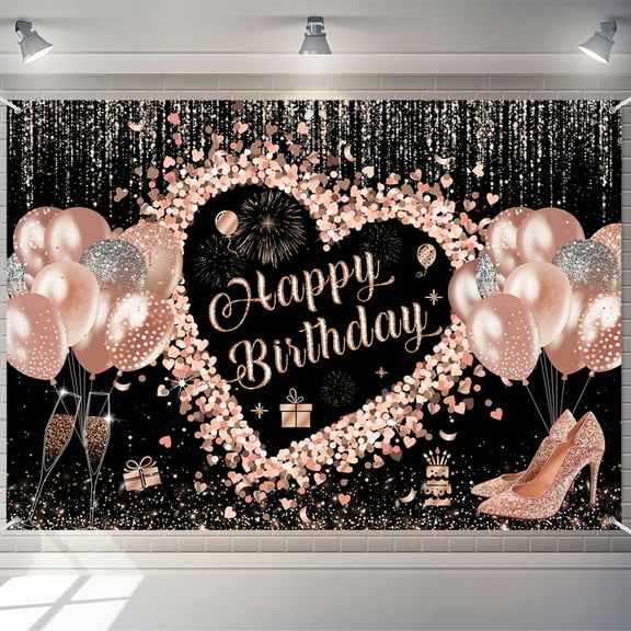 7x5ft Happy Birthday Backdrop Pink Glitter Balloon Photography Background Champagne Fireworks High Heels Heart Star Girls Birthdays Party Banner Decorations Women Parties