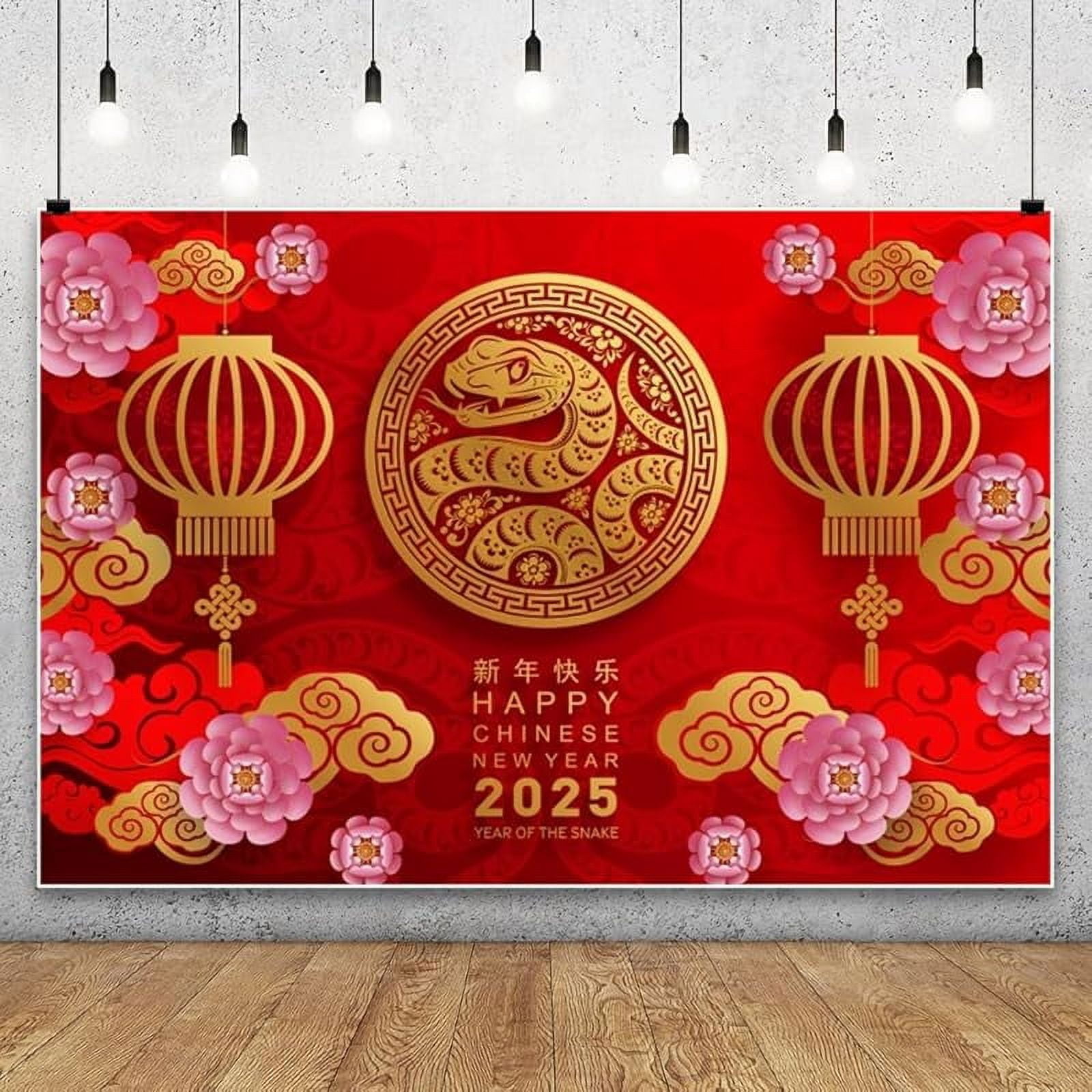 7x5ft Happy Chinese New Year Backdrop 2025 Year of Snake Red Gold